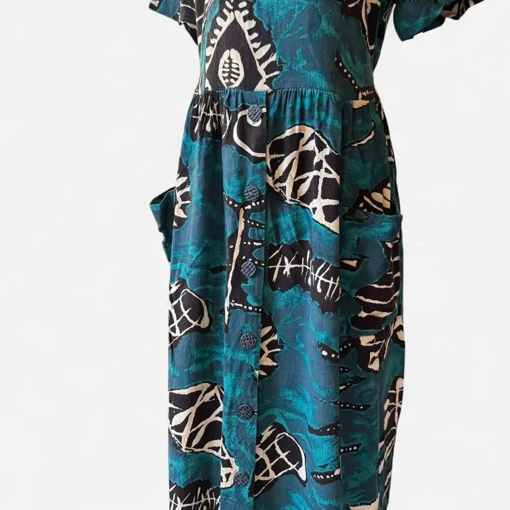 Vintage 80s abstract print flowy dress sz L pockets Lagenlook artsy boho fairy - Picture 8 of 8